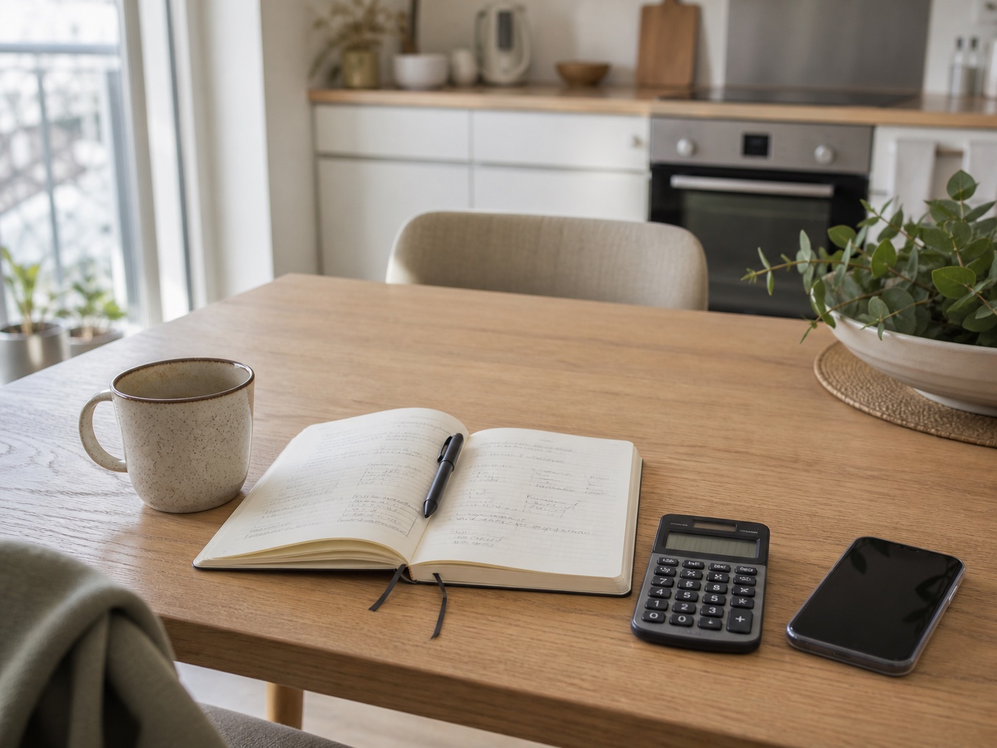 Notebook, calculator and phone on a bright kitchen table